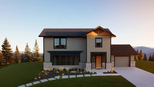 Illustrative home showing mineral-greige siding and contrasting painted trim.